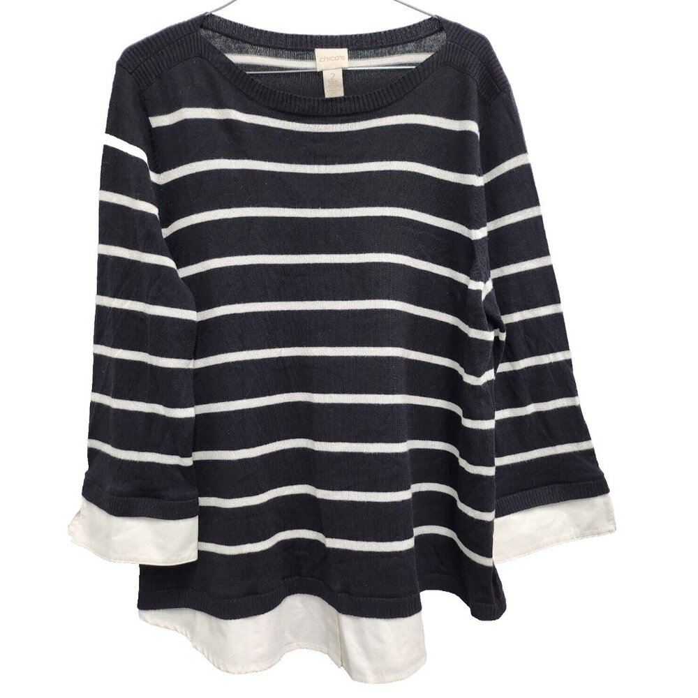 Chicos Sweater Womens Large Black White Striped Contrast Trim Casual Pullover